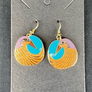 Laurel Burch Signed Nile Bird Earrings Gold Enamel Cloisonné Pierced Dangle